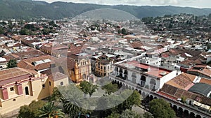 Aerial Drone Fly Cathedral Landmark of San Cristobal de las Casas Mexico Chiapas