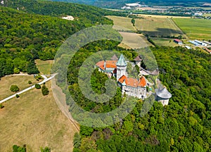 Aerial drone fly near Smolenice castle, Slovakia. Trnava region, Litle Carpathians