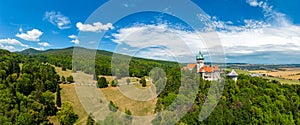 Aerial drone fly near Smolenice castle, Slovakia. Trnava region, Litle Carpathians