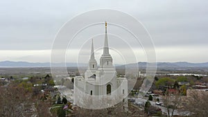 Aerial Drone Flying Toward LDS Brigham City Temple in the Spring at Day