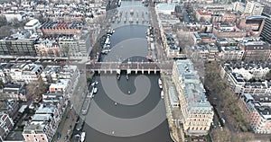 Aerial drone footage of the Amstel river and De Hogesluis Brug 246 in Amsterdam East and city center downtown. Dutch