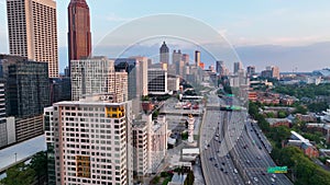 Aerial drone footage of Atlanta skyline on Highway