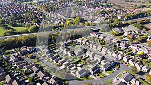 Aerial drone footage of the British town of Wakefield in West Yorkshire, England showing typical British UK housing estates and