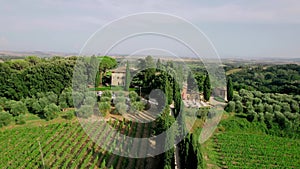 Aerial drone footage captures the breathtaking summer vista of an elegant villa.