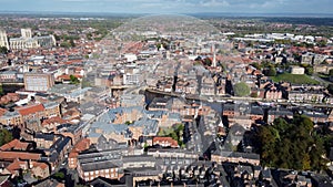 Aerial drone footage of the city of York located in North East England and founded by the ancient Romans the footage shows the