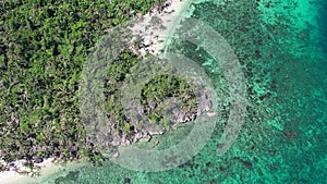 Aerial drone footage of the crystal clear blue water of the ocean and the coast