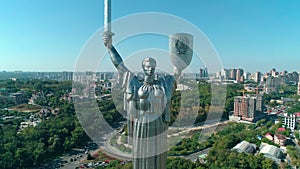 Aerial drone footage. Fly to motherland monument in Kyiv