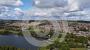 Aerial drone footage of the large Worsbrough reservoir in the village of Worsbrough, Barnsley in Sheffield in the UK, showing the