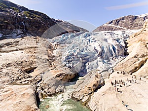 Aerial drone of Nigardsbreen glacier in Nigardsvatnet Jostedalsbreen national park in Norway in a sunny day