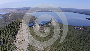 Aerial drone footage of the Okzhetpes Mountain and Borovoe Lake in Natonal park Burabay Borovoe , Kazakhstan