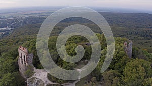 Aerial drone footage of the old Pajstun Castle ruins in autumn, Slovakia