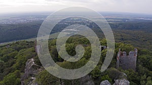 Aerial drone footage of the old Pajstun Castle ruins in autumn, Slovakia