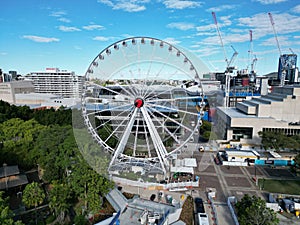 Aerial drone footage over Brisbane CBD in April 2023 overlooking the river and many bridges