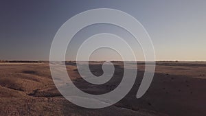 aerial drone footage over cattle grazing prairie pasture at dusk in North Dakota