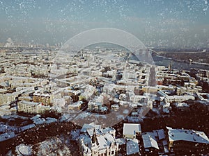 Aerial drone footage. Panorama of podil in kiev