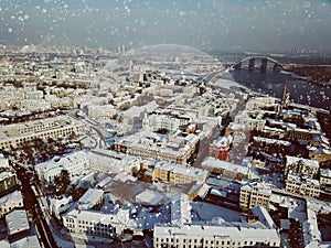 Aerial drone footage. Panorama of podil in kiev