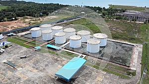 Aerial drone footage revealing  group of oil storage tanks