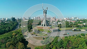 Aerial drone footage. Rise up to motherland monument in Kyiv