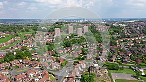 Aerial drone footage of the town of Bramley which is a district in west Leeds, West Yorkshire, England UK, showing residential