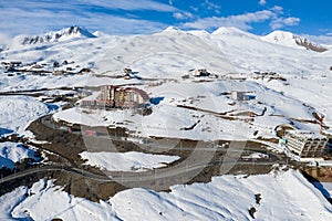 Aerial drone Gudauri ski resort in winter. Caucasus mountains in Georgia