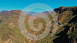 aerial drone image of beautiful stunning landscape view off the Degollada de La Yegua viewpoint with cliff rock peaks and valley photo