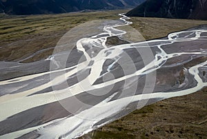 Aerial drone image of glacial river at Mount Cook, New Zealand, Aotearoa