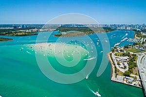 Aerial drone image of Haulover Beach Miami Florida sandbar with