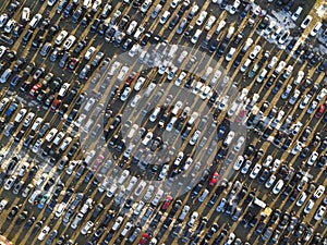 Aerial drone image of many cars parked on parking lot, top view