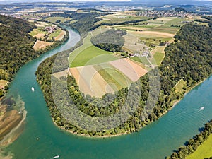 Aerial drone image of Rhine sinuosity or loop