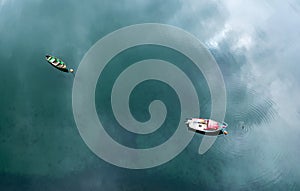 Aerial, drone image of two fishing boats in water