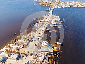 Aerial drone inspection photo Matlacha Florida Hurricane Ian aftermath damage and debris from flooding and storm surge