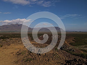 Aerial drone landscape of Eldborg Crater in south Iceland photo