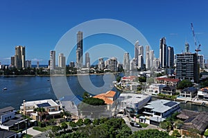 Aerial drone landscape view of Surfers Paradise city skyline Gold Coast Queensland Australia