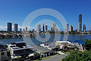 Aerial drone landscape view of Surfers Paradise city skyline Gold Coast Queensland Australia
