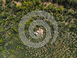 Aerial drone: Mother having quality funny playing time with her baby girls at a park blowing dandelion - Young blonde