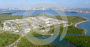 Aerial drone orbit water purification plant. 5k circa 2024 Miami drone stock footage