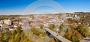 Aerial drone panorama of the downtown area of Morgantown, West Virginia