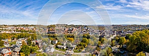 Aerial drone panorama of the downtown area and university in Morgantown, West Virginia