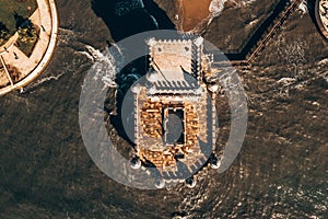 Aerial drone panorama photo of the Belem Tower.