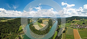 Aerial drone panorama of Rhine loop, Toessegg, Switezrland