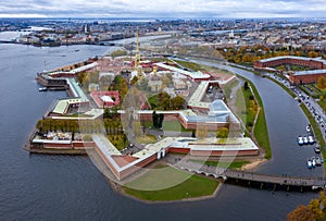 Aerial drone panorama of St Petersburg, Russia. architecture ensemble of Peter and Paul fortress and Neva river.