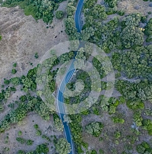 Aerial drone panorama view from above of a curvy road