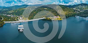 Aerial drone panorama of water dam or Vodna Nadrz in Nova Bistryca, Slovakia. Big water dam and reservoir for the safety of the