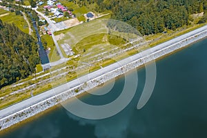 Aerial drone panorama of water dam or Vodna Nadrz in Nova Bistryca, Slovakia. Big water dam and reservoir for the safety of the