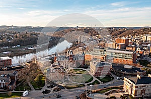 Aerial drone panorama of the Woodburn Circle at the university in Morgantown, West Virginia