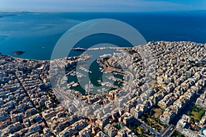 Aerial drone panoramic photo of Piraeus and Marina of Zea pasalimani in daylight