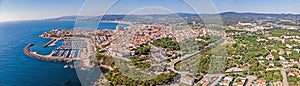 Aerial drone panoramic picture from small town Palamos from Spain, in Costa Brava