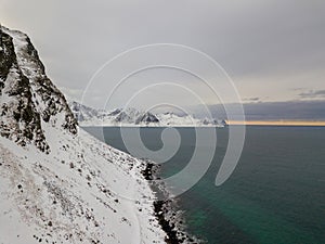 Aerial drone panoramic view of amazing Lofoten Islands, Norway