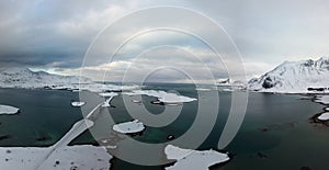 Aerial drone panoramic view of amazing Lofoten Islands winter scenery with famous Reine fishing village Norway, Scandinavia