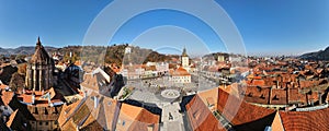 Aerial drone panoramic view of The Council Square in Brasov, Romania